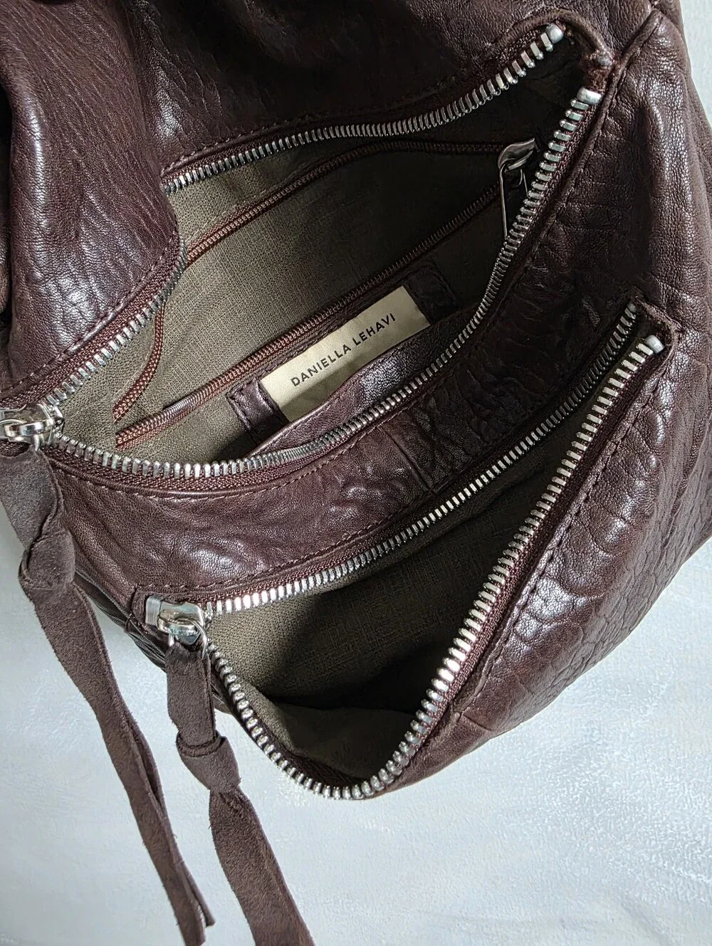 Daniella Lehavi Chocolate Brown Texture Leather Top Handle Crossbody Slouchy Bag